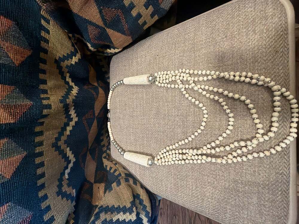 Vintage Multi-Strand Carved Faux Bone and Metal Bead Statement Necklace with Ele